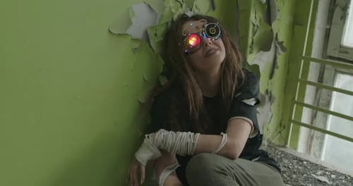 Woman with Goggles in Distressed Post-Apocalyptic Setting