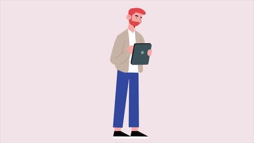 Animated Man Using Digital Tablet Flat Design 2D