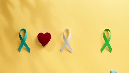 Ribbon and Heart on Yellow Background for Cancer Awareness Day