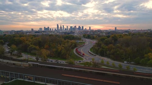 Beautiful panoramic aerial drone sunset view to Warsaw city center with skyscrapers and Swietokrzysk