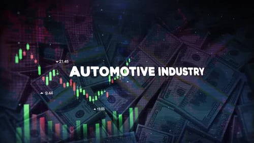 Automotive Industry Words On Economic Background With Decrease Bar Chart Graph And Arrow