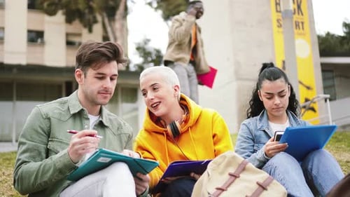Drei junge Schüler sitzen auf dem Rasen und machen sich Notizen und sprechen im Hintergrund über die Lektion
