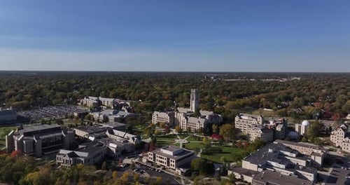 Aerial view of a university campus, United States.