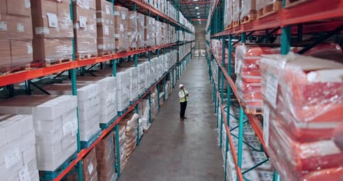 Above, supply chain and man in warehouse, inspection and organize inventory with storage