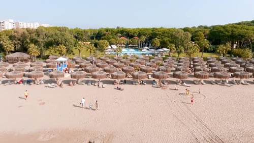 Aerial View of Umbrellas Palms on the Sandy Beach People Blue Sea with Waves at Sunset