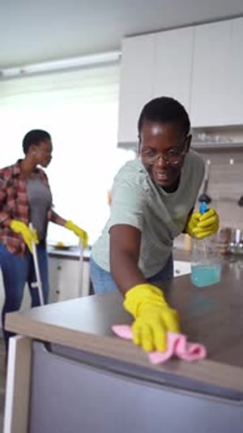 Couple Cleaning Kitchen with Spray Bottle and Cloth