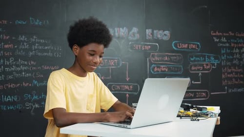 Student programming and coding system while girl enter in metaverse. Edification