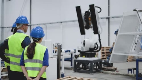 Industrial engineers working with automated arm robot inside AI robotic production factory