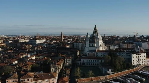 Aerial view of Basilica di Santa Maria della Salute in Venice, Italy.