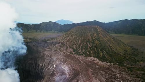 Aerial Drone View of Mount Bromo Active Crater and Volcanic Landscape in East Java Indonesia