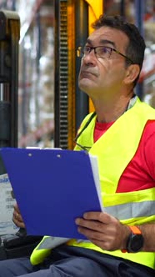 Travailleur masculin heureux conduisant un chariot élévateur à un entrepôt de distribution