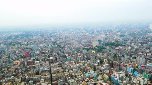 Aerial descending view of Dhaka city, Bangladesh. A third world megacity country