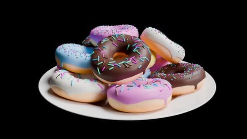 Rosa, amarelo, azul, branco, marrom, donuts com granulado girando em um prato branco sobre um fundo preto