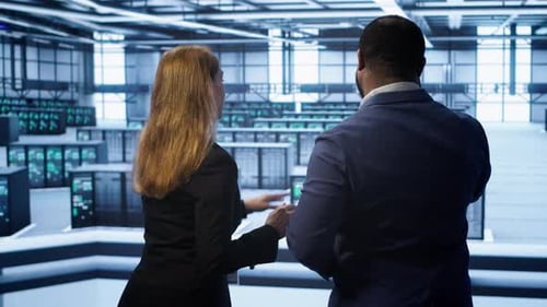 IT Expert and Colleague Supervising Data Center Establishment