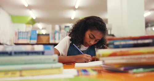 Child student and writing for learning in library with notes, studying and education sheet