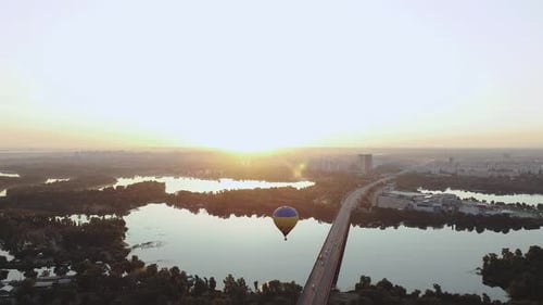 Hot Air Balloon Over Kiev at Sunrise Over the Bridge View River Dnipro Beautiful Panorama of the