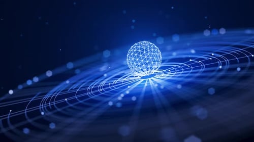 Futuristic sphere over waves, tech animation. Loop motion.