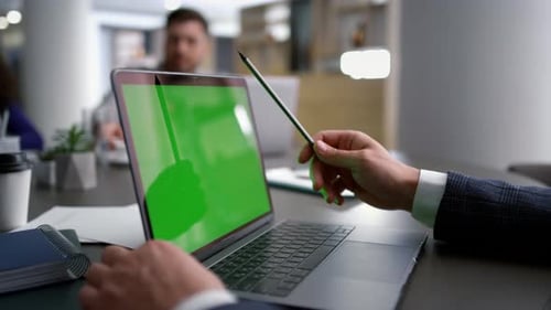 Businessman Hands Using Computer Laptop Chroma Key Researching Corporate Data on Conference
