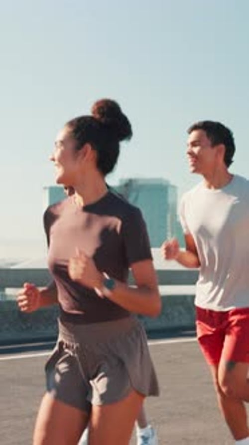 City, group and friends for fitness, wellness challenge and training for marathon on bridge