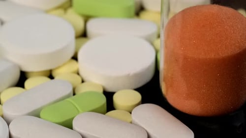 Sanduhr auf dem Hintergrund bunter Pillen und Tabletten. Erinnern Sie daran, die Pille einzunehmen.