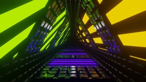 Purple And Lime And Yellow Rotating Glowing Screen Triangular Tunnel Background Vj Loop In HD
