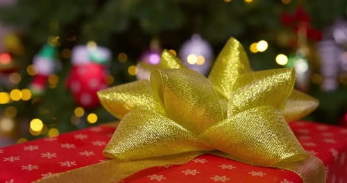 Christmas Present with a Gold Bow Close Up