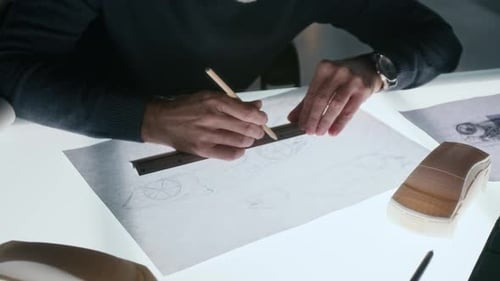 Hands of Anonymous Engineer Drawing Sketch of New Car on Light Table