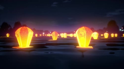 Glowing Water Lanterns Floating at Night