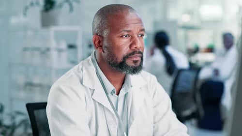 Lab, man and scientist sad with research, stress and pain of headache in computer room of clinic