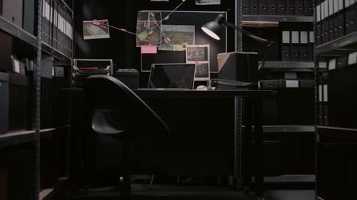 Salle de preuves vide équipée d'une carte de détective
