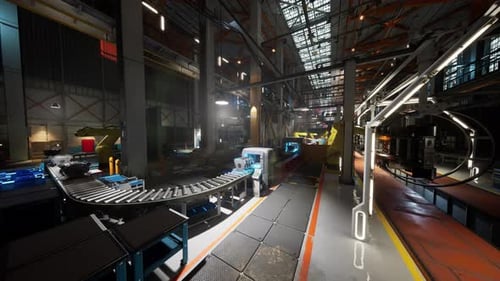 Förderband, das tagsüber Produkte in einer modernen Fabrik transportiert