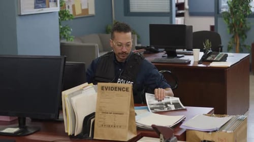 Police Officer Reviews Evidence at Desk in Station