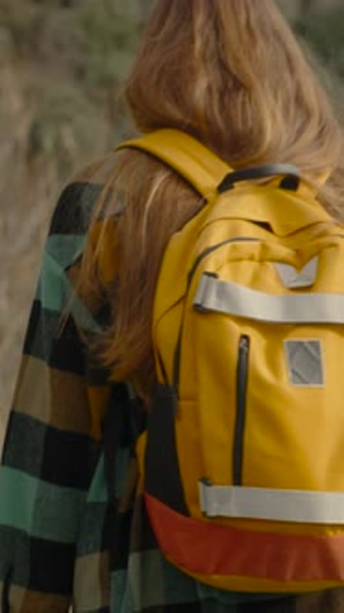 Vidéo verticale. Jeune voyageuse avec un sac à dos lumineux marchant dans une vallée de montagne, vue de