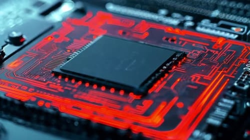 Dynamic Glowing Red Circuit Board and Processor Tech Animation