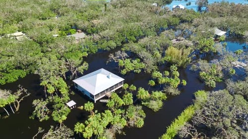 Flooded Residential Houses By Hurricane Ian Rainfall in Florida Residential Area Consequences of