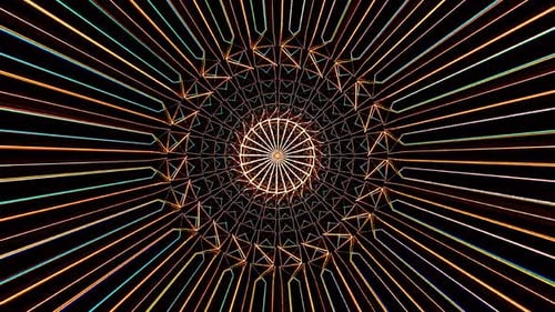 abstract lines of colorful twinkling light shining round shape in the middle, black background