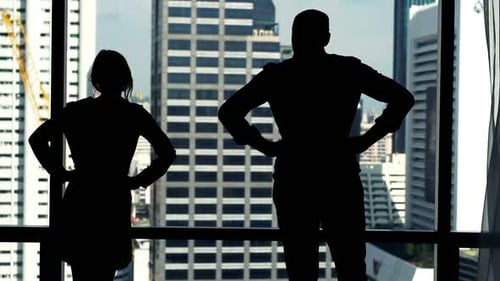 Silhouette Of Couple Admire View From Window At Home, Super Slow Motion 240fps