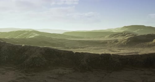 Vast Desert Landscape Under a Serene Sky with Gentle Hills and Shadows