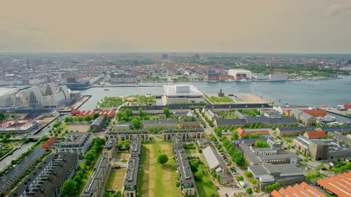 Aerial view of operapark with boats and gardens, Denmark.