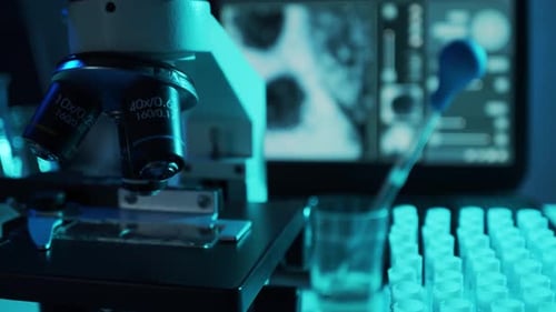 Closeup of Scientific Microscope Laboratory in Hospital Epidemic Disease Healthcare Vaccine Research