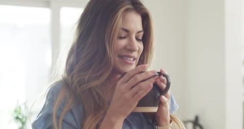 Happy, coffee break and woman in morning, thinking with drink or espresso in Mexico home