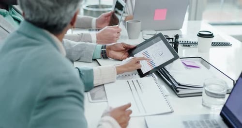 Meeting, chart and business people on tablet in office for finance review, analytics and statistics