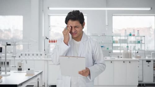 Stressed Doctor Rubbing Eye in Bright White Lab