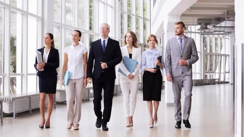 Business Team Walking Confidently Through Modern Office Space