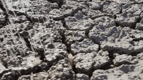 Watering on Mud Cracked Ground on Arid Soil