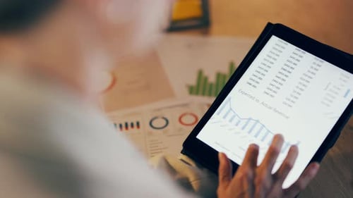 Tablet screen, woman hands and data analysis, revenue financial report or profit research review