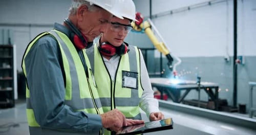 Engineering, tablet and manufacturing with people in workshop for industrial