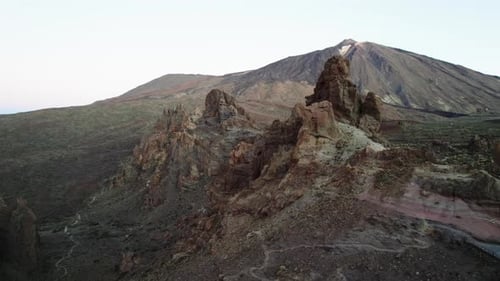 Mountain range in dry deserted landscape of Teide National Park. Scenery of highest volcano