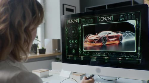 Woman Views Futuristic Car Design on Computer