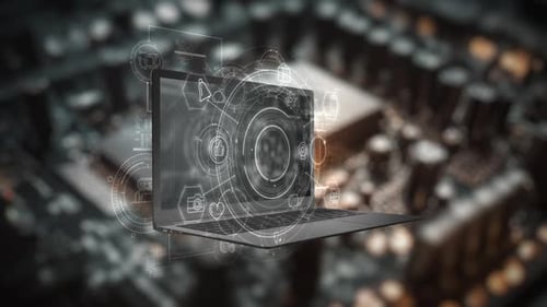 Laptop with Futuristic Digital UI and Data Display